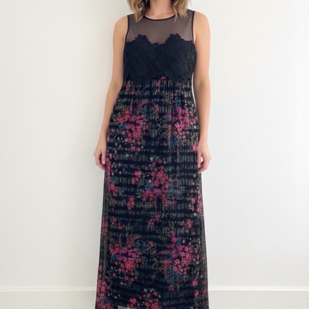Trina Turk Black Floral Embroidered Silk Maxi Dress Medium